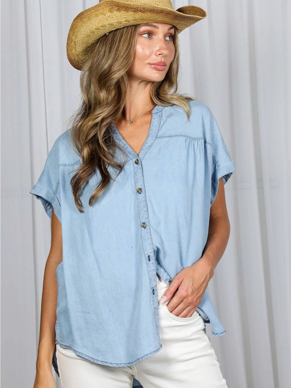 Womens Short Sleeve Denim Shirt Button Down Chambray Jean Western Shirts NWT S
